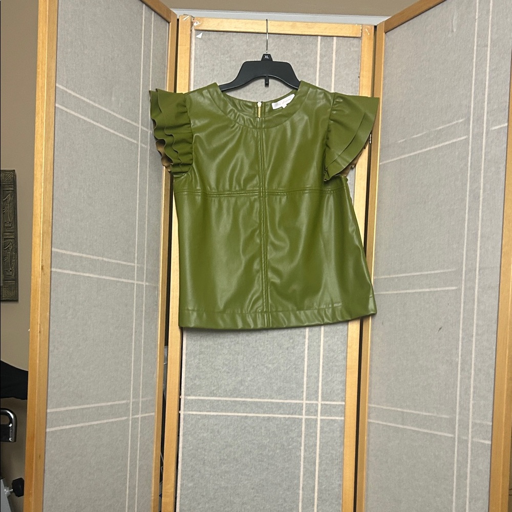 Ces Femme Green Faux Leather Ruffle Sleeve Top